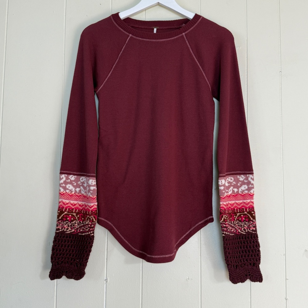 Free People Waffle Knit Thermal Fair Isle Crochet Sleeve Top Size L Whimsigoth